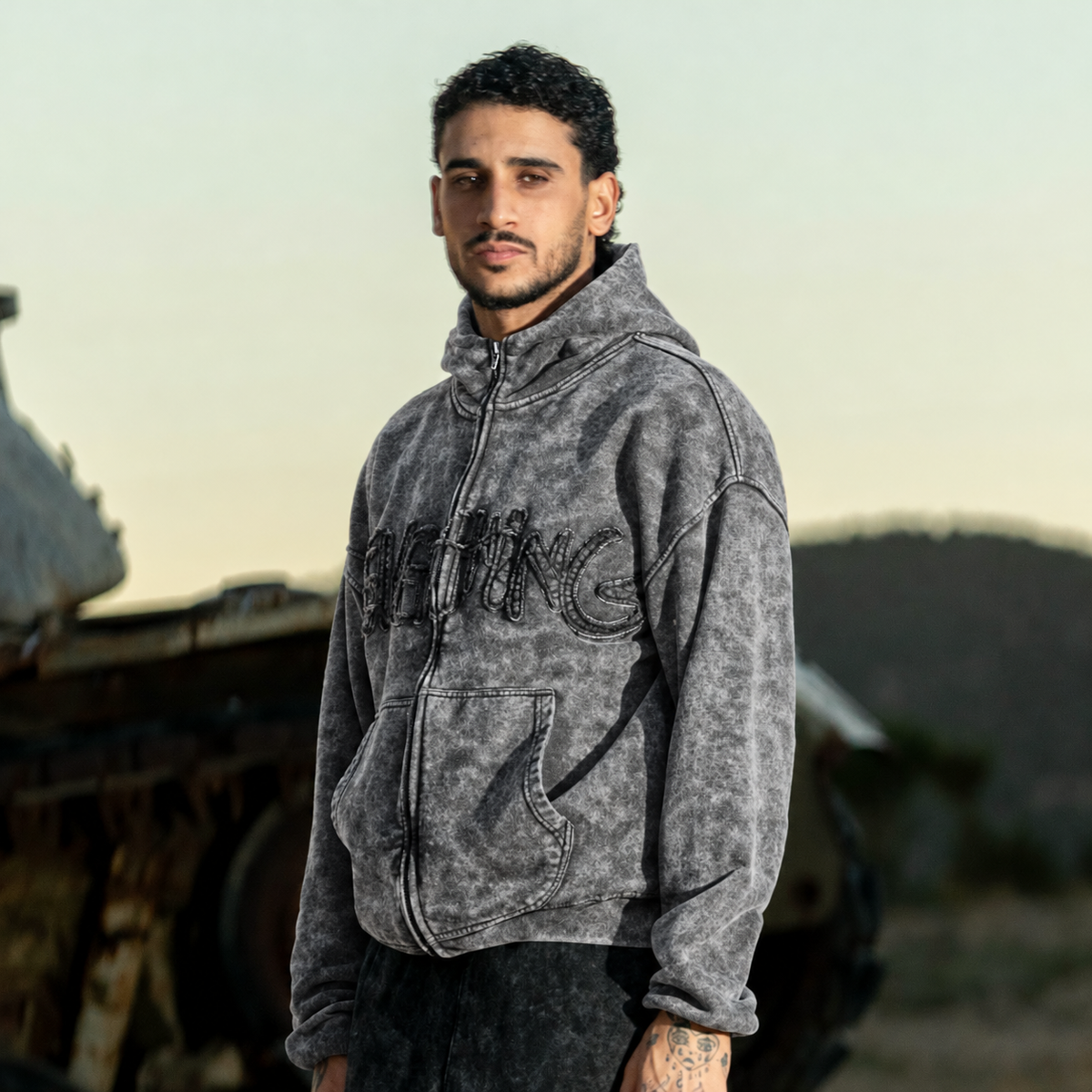 Grey acid washed zip up hoodie
